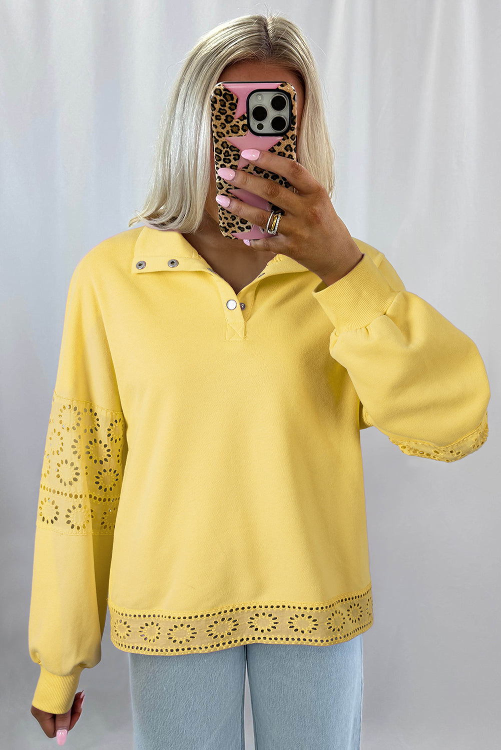 Evangeline Embroidered Flower Buttons Pullover Sweatshirt