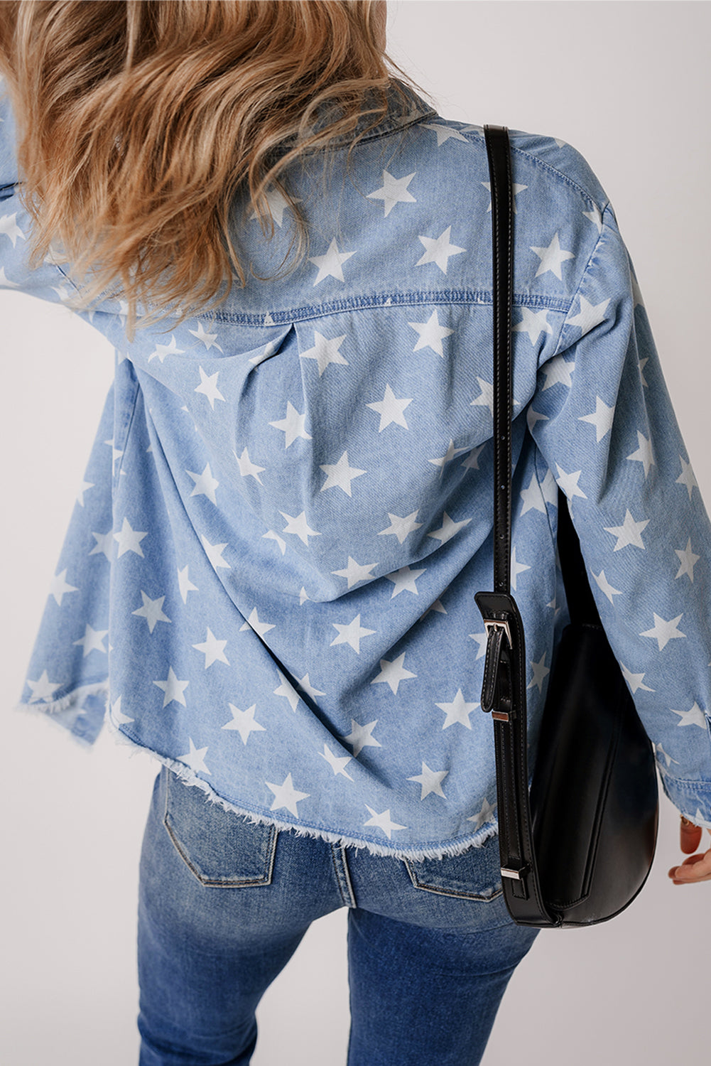 Star Light Wash Raw Hem Denim Jacket