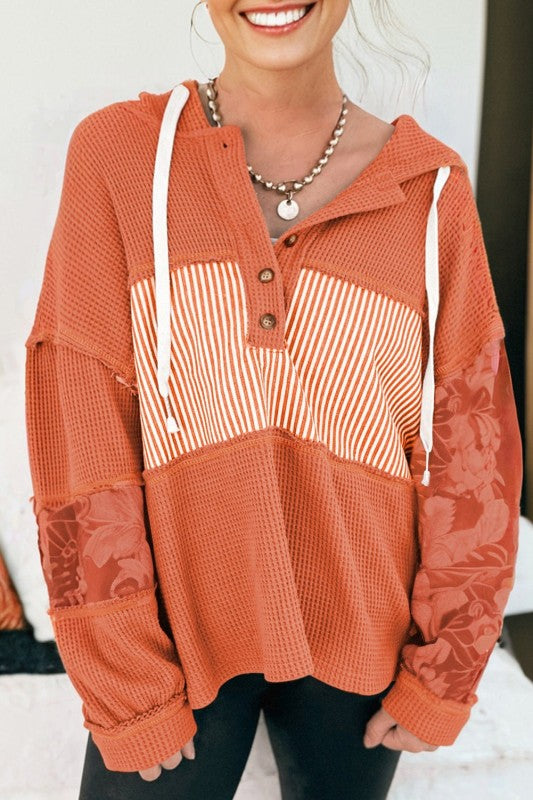 Stripe Waffle Patchwork Hooded Long Sleeve Top
