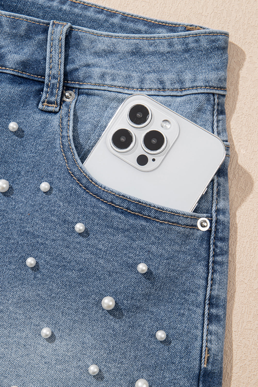 Amelie Pearl Beaded Raw Hem Medium Wash Denim Shorts