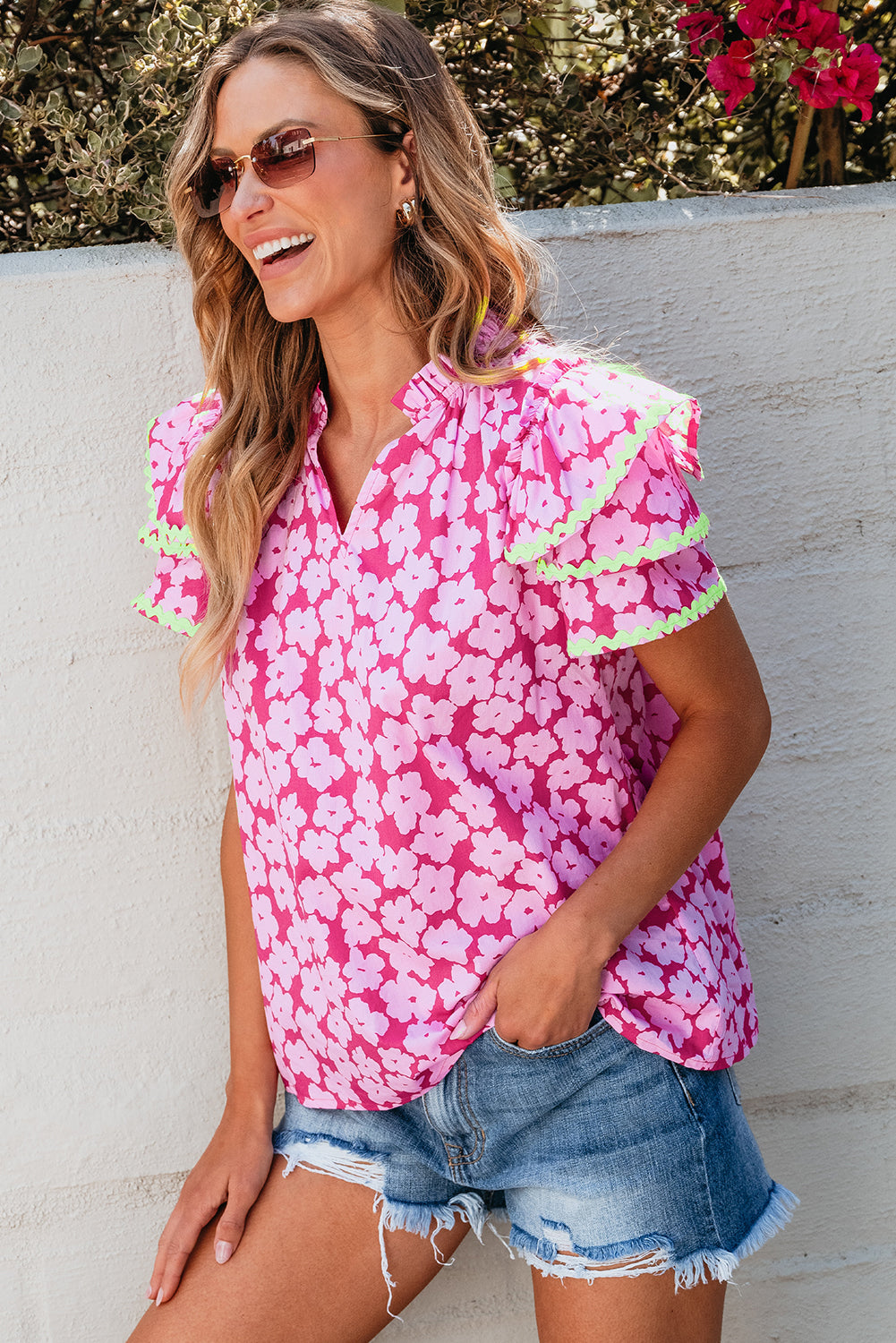 Capri Floral Ric Rac Ruffle Sleeve Blouse