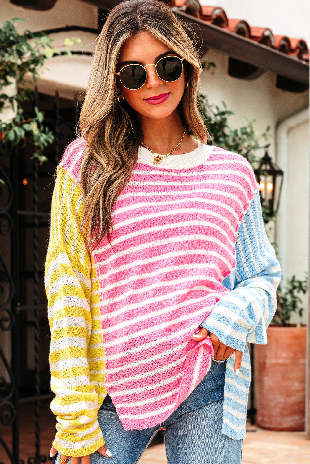Esther Striped Patchwork Dolman Sleeve Slit Sweater