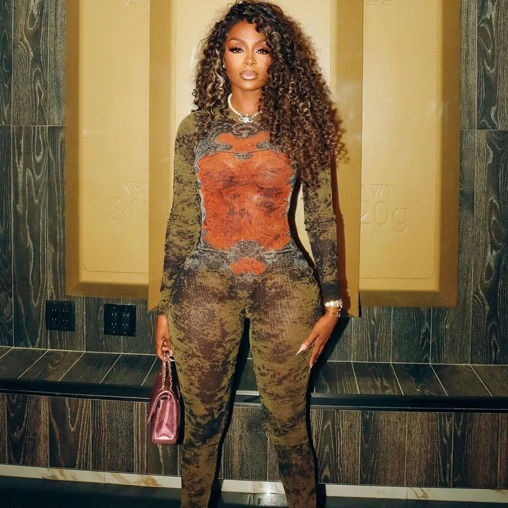 Women's Printed Sexy Mesh High Waist Zipper Jumpsuit