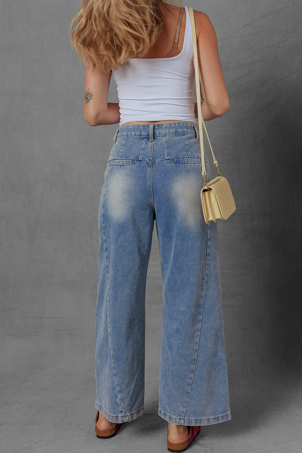 Scottie Blue Washed Pleated Detail Wide Leg Jeans