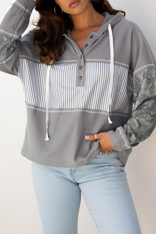 Stripe Waffle Patchwork Hooded Long Sleeve Top