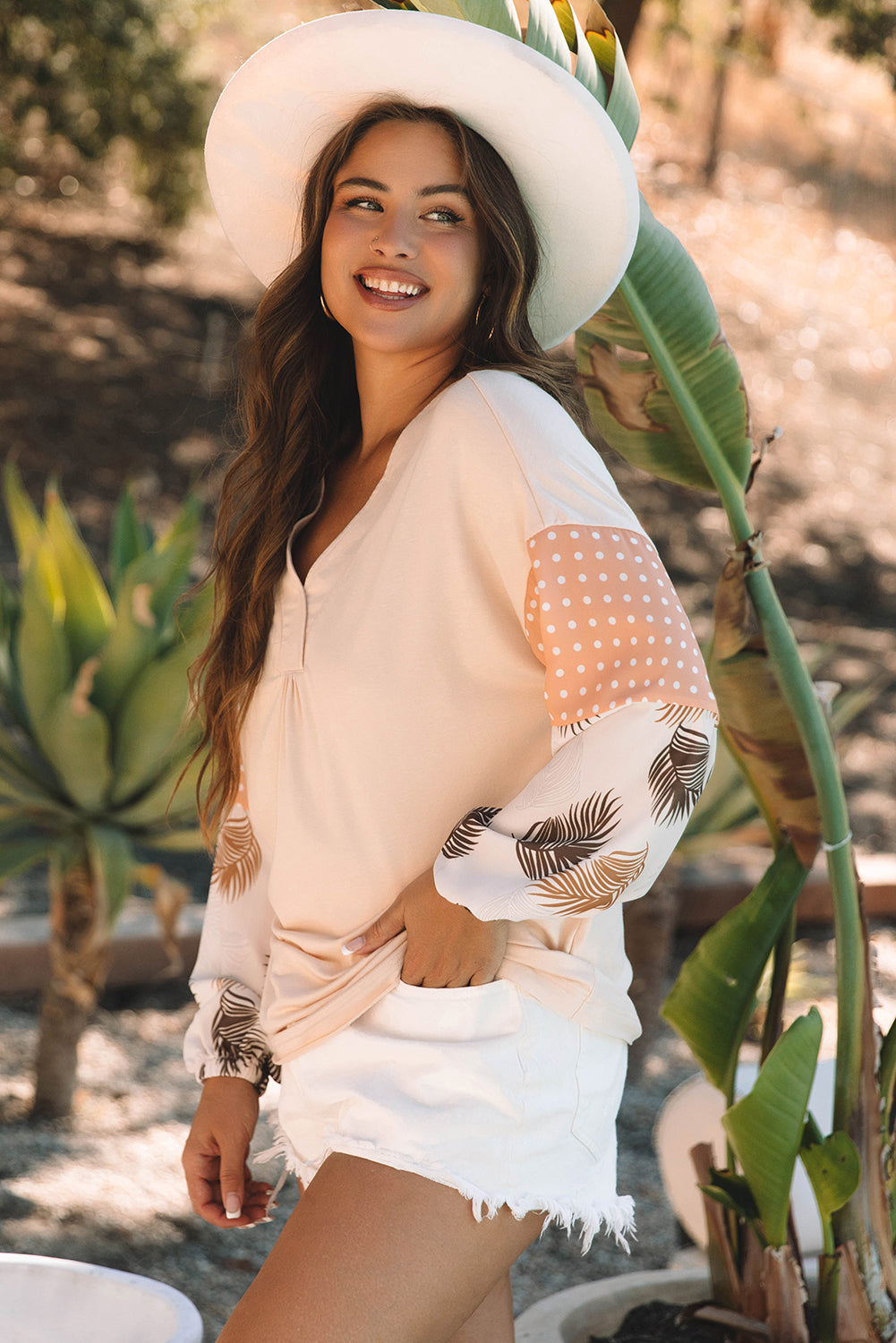 Alora Palm Leaves Polka Dot Loose Blouse