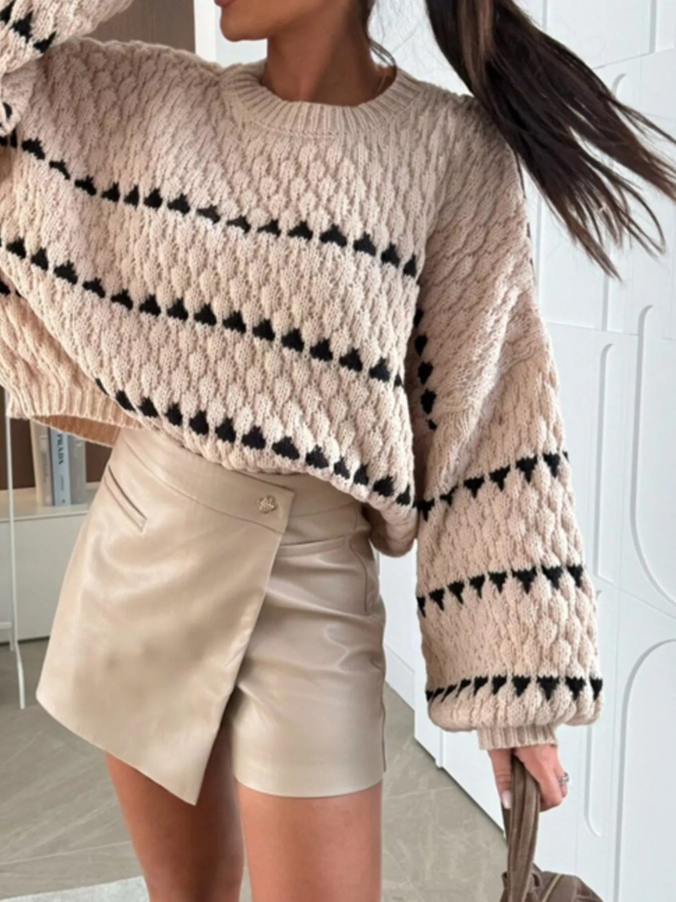 Chunky Knit Striped Sweater with Balloon Sleeves