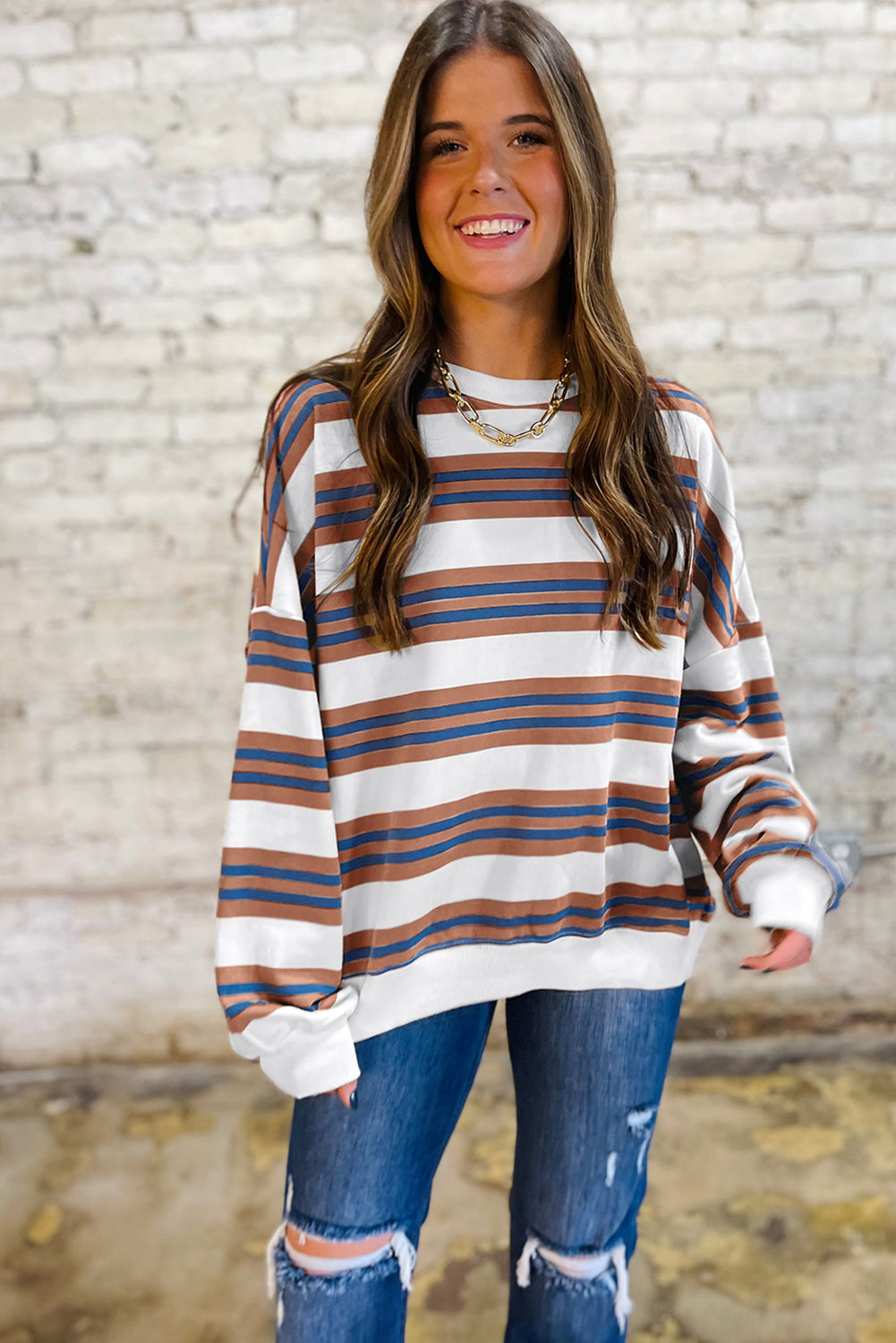 Rose Stripe Crew Neck Pullover Sweatshirt