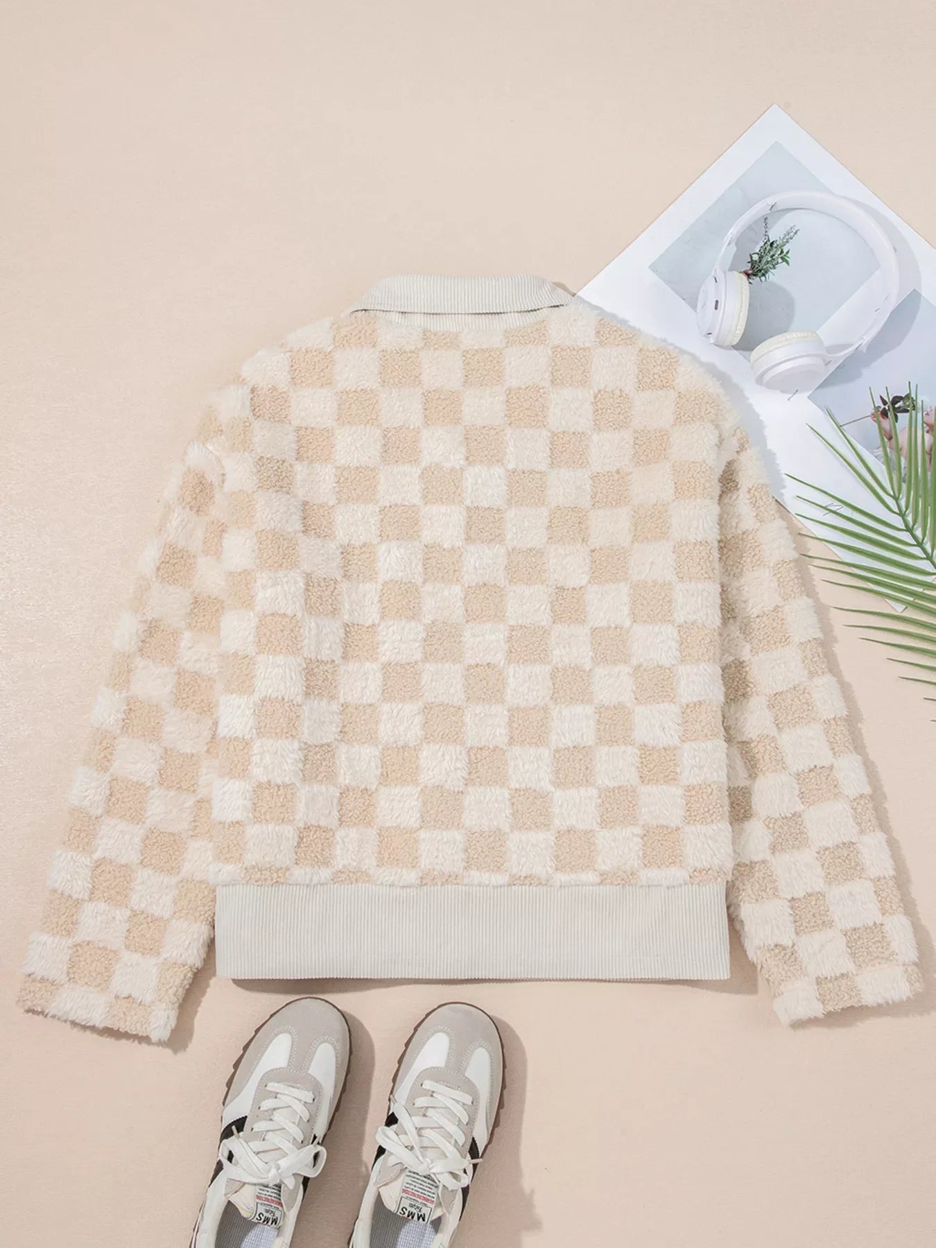 Checker Sherpa Corduroy Patchwork Zip Up Jacket