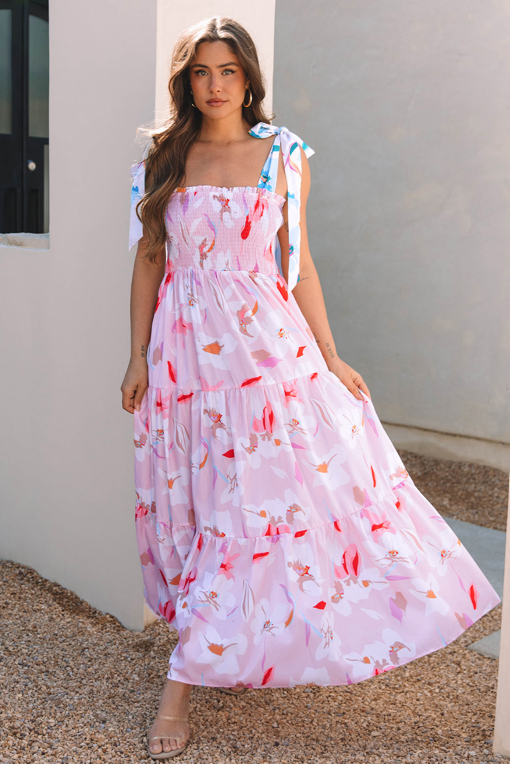 Flora Floral Knotted Shoulder Smocked Maxi Dress