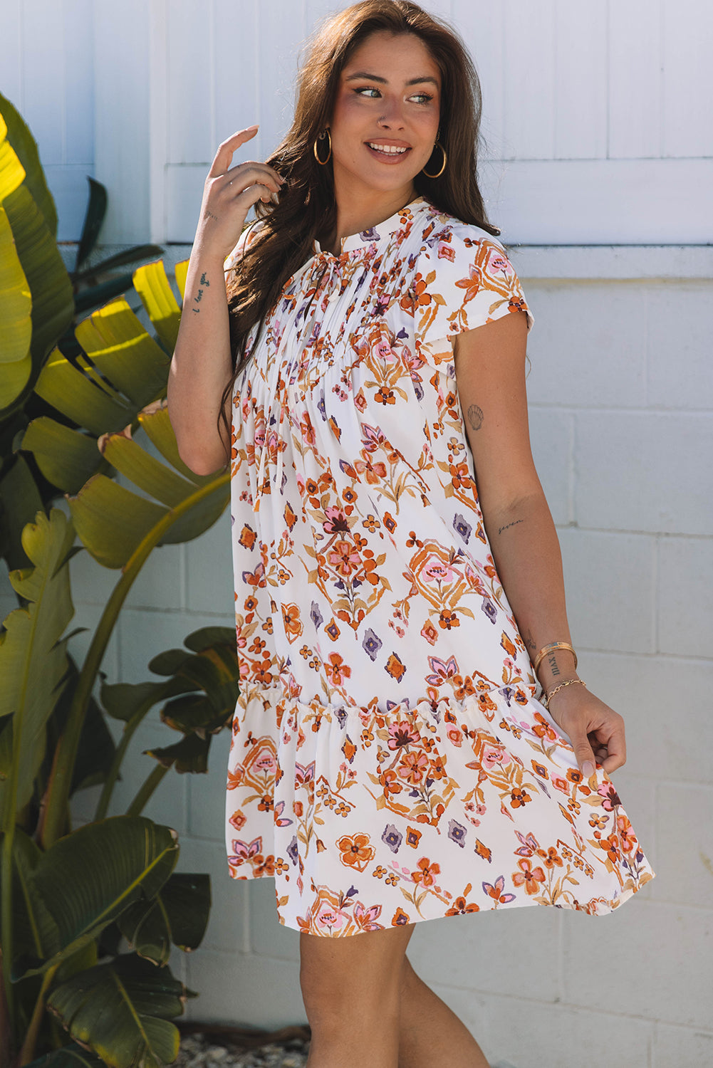 Marigold Floral Ruffled Trim Flutter Sleeve Dress