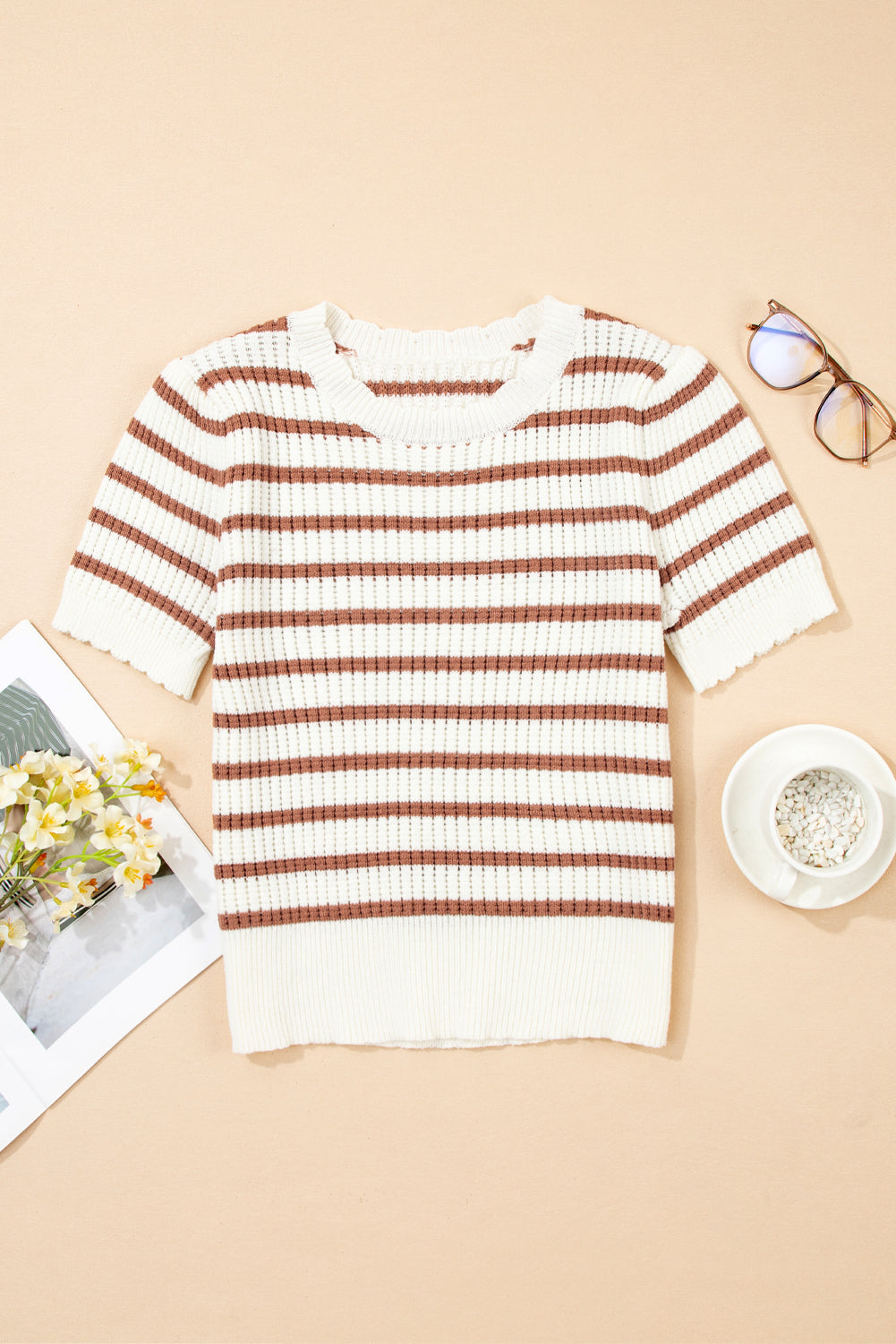 Eloise Stripe Scalloped Round Neck Short Sleeve Sweater