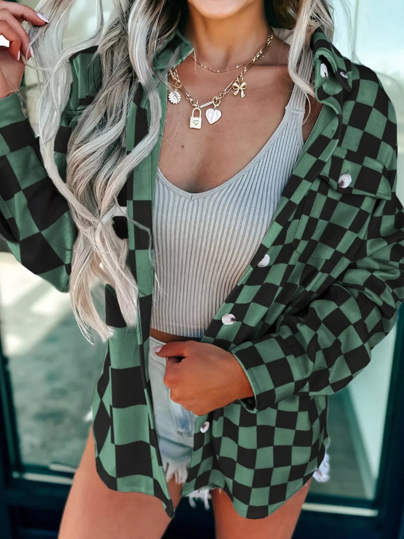Checkered Pattern Button Up Oversized Jacket