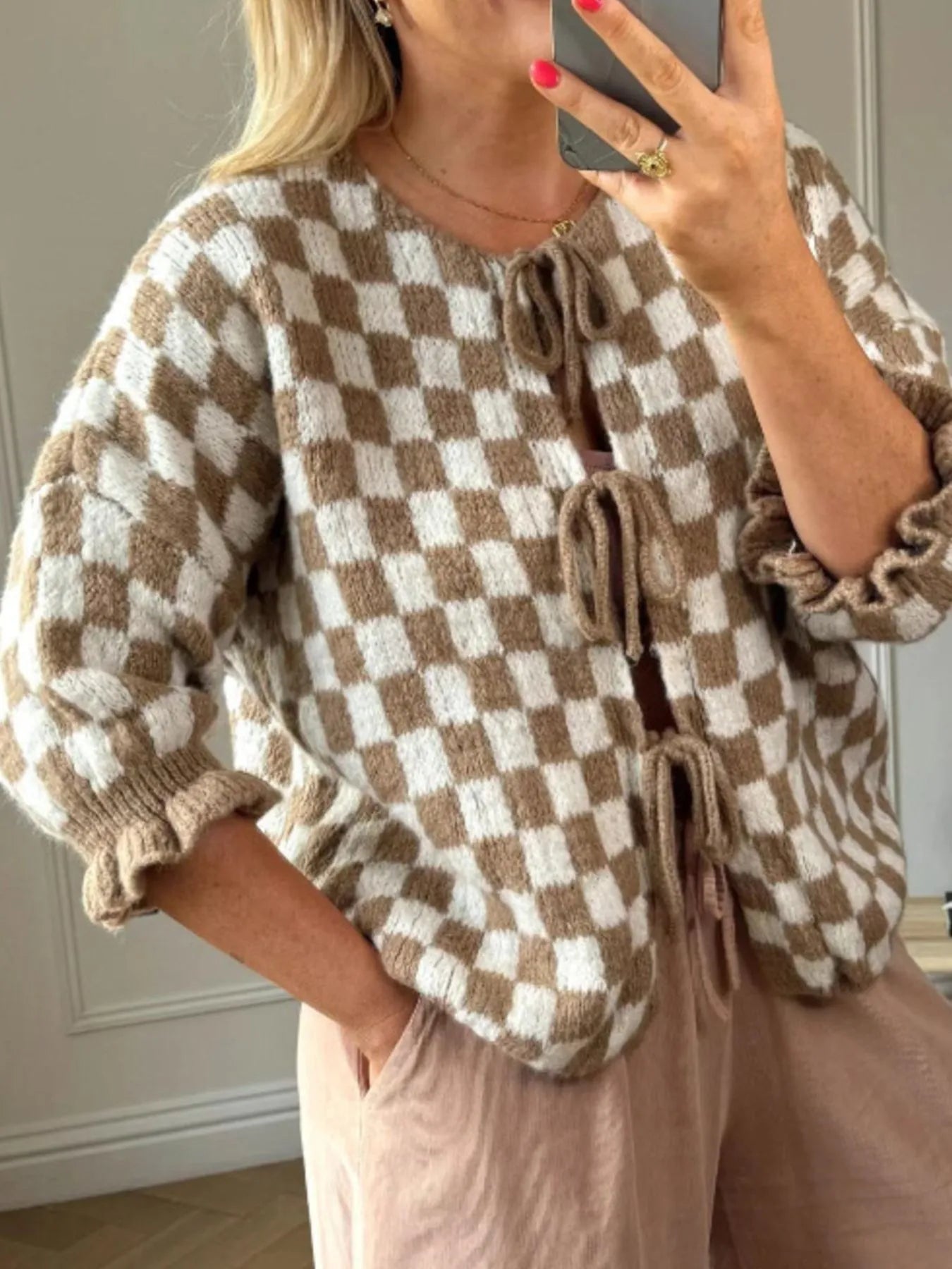 Checkered Tie-Front Knit Cardigan