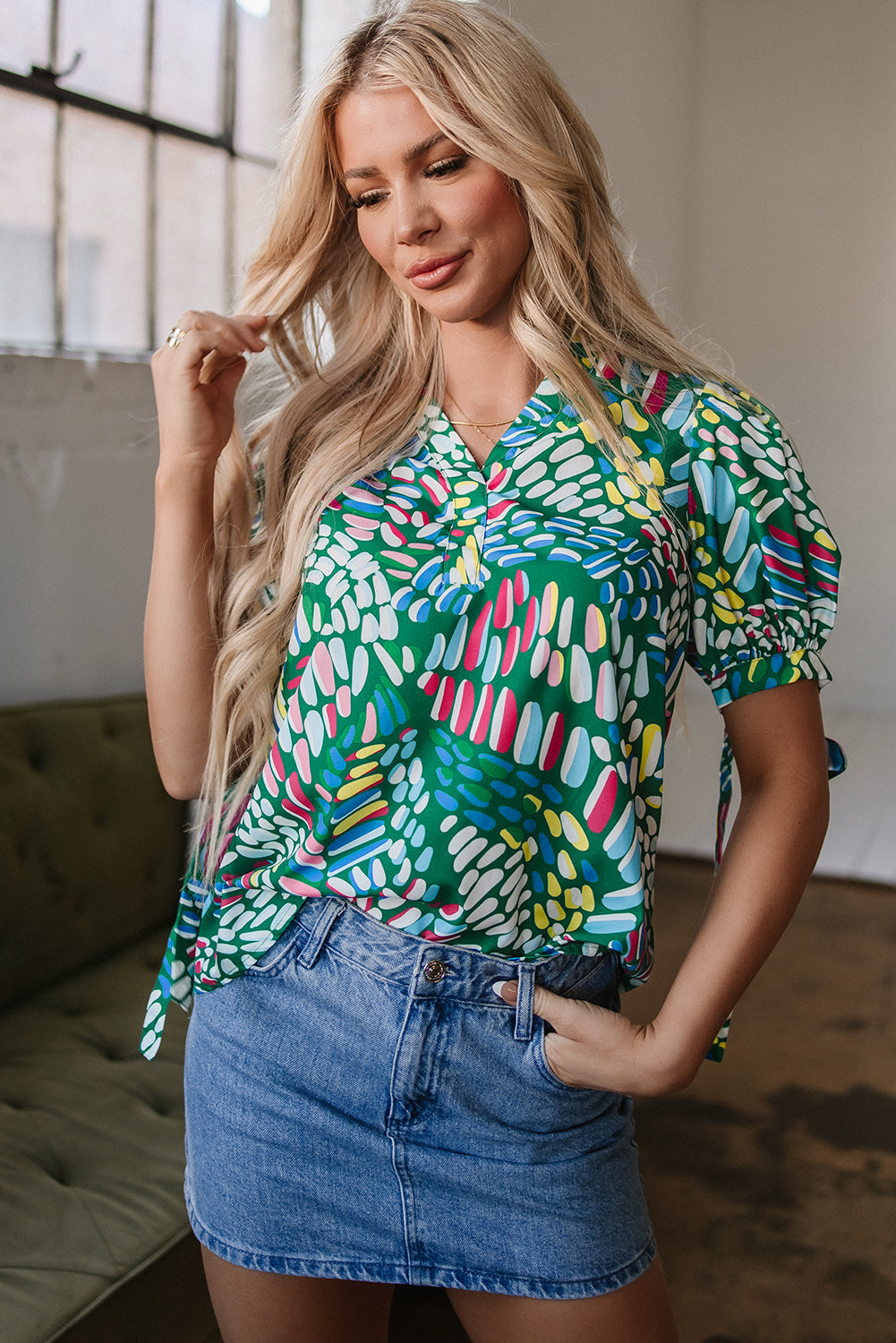 Ellianna Geometric Puff Sleeve Blouse