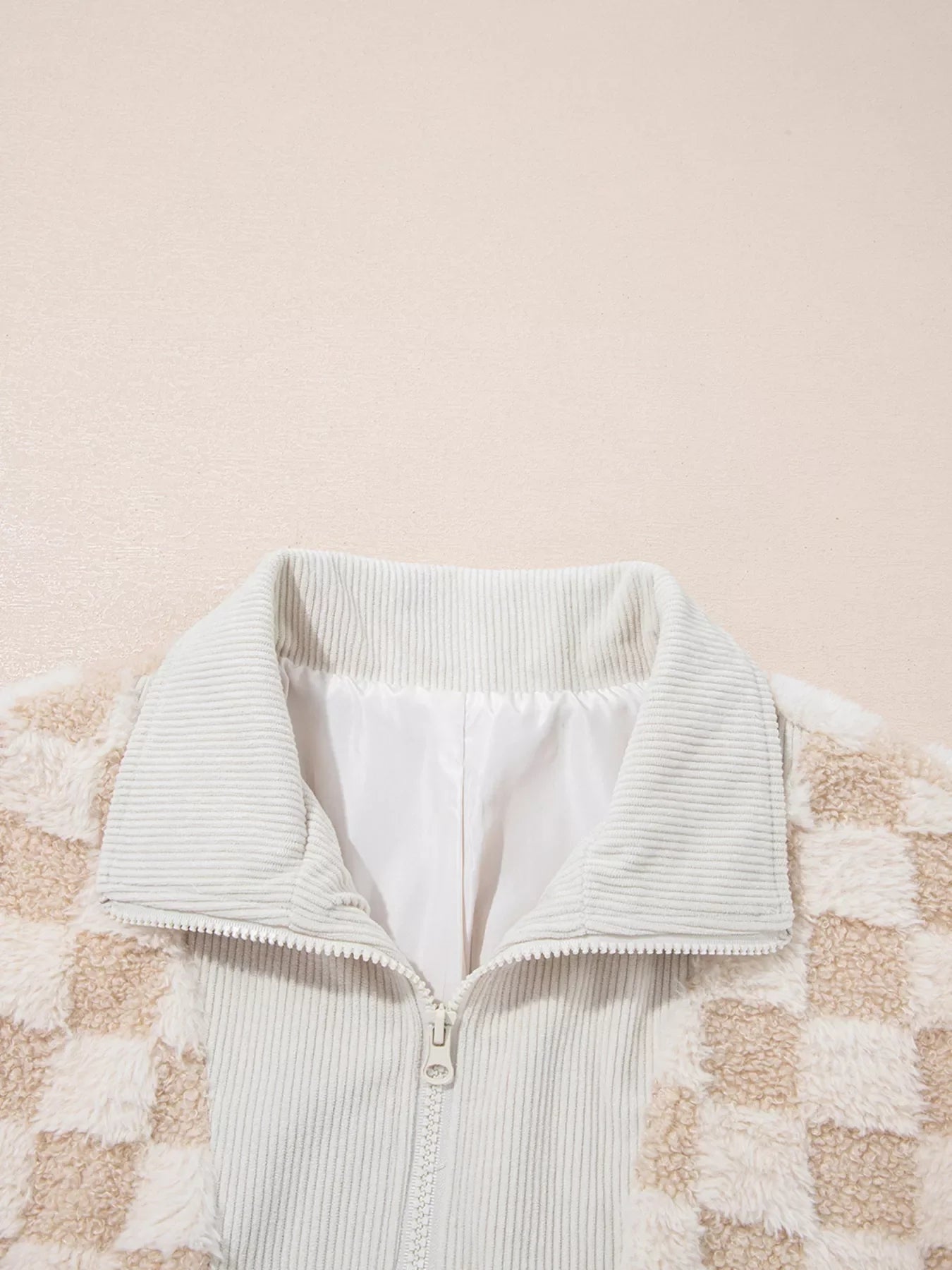 Checker Sherpa Corduroy Patchwork Zip Up Jacket