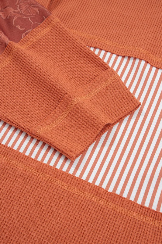 Stripe Waffle Patchwork Hooded Long Sleeve Top