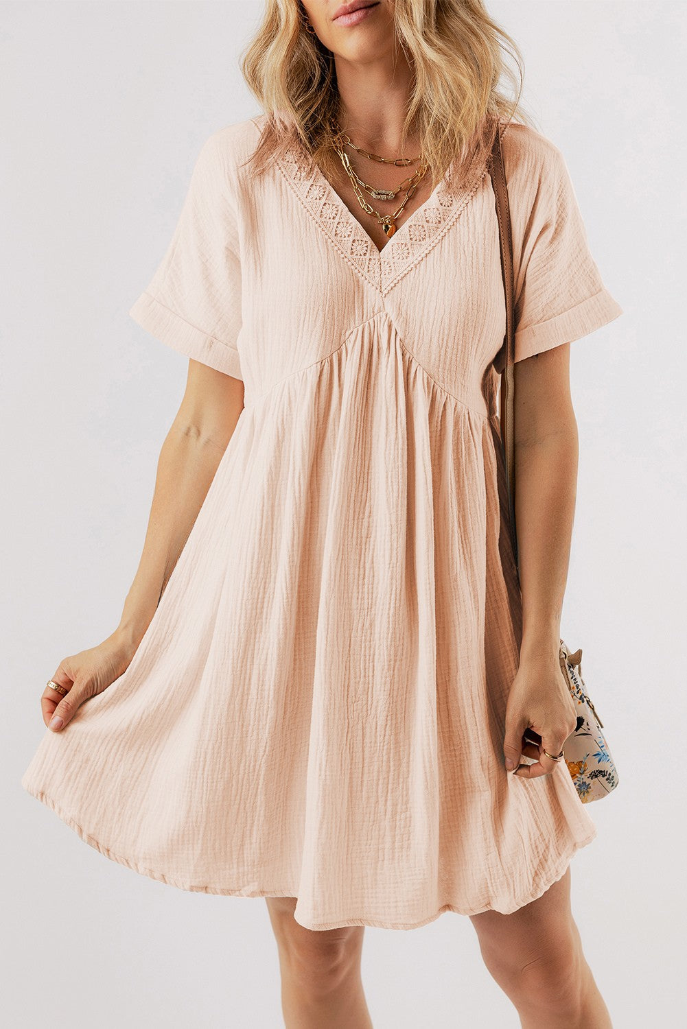 Bria Folded Short Sleeve Lace V Neck Mini Dress