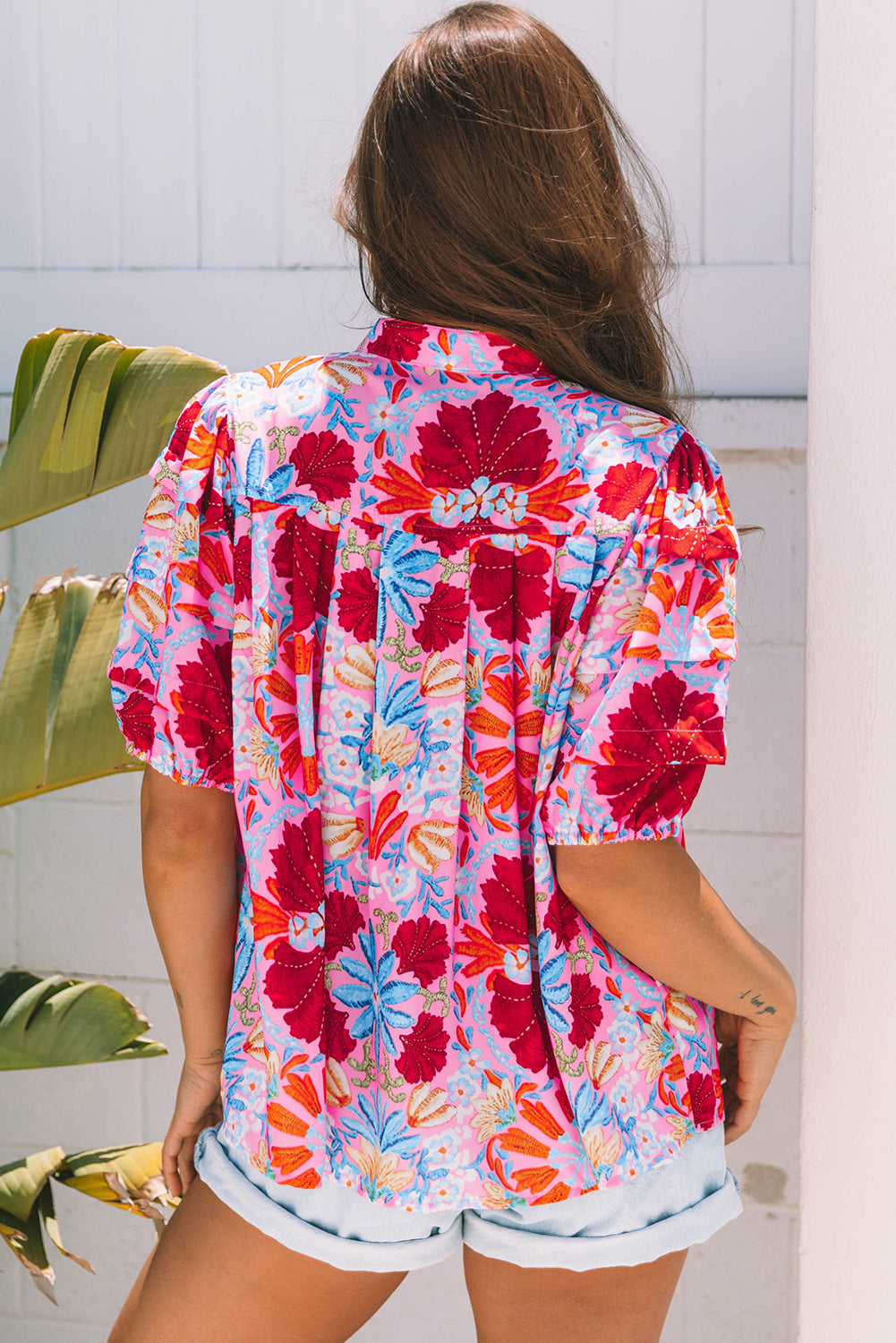 Mikaela Floral Bubble Sleeve Button Up Pleated Shirt