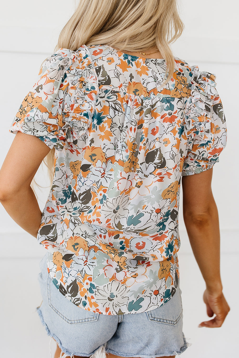 Milena Split V Neck Puff Sleeve Flower Print Blouse