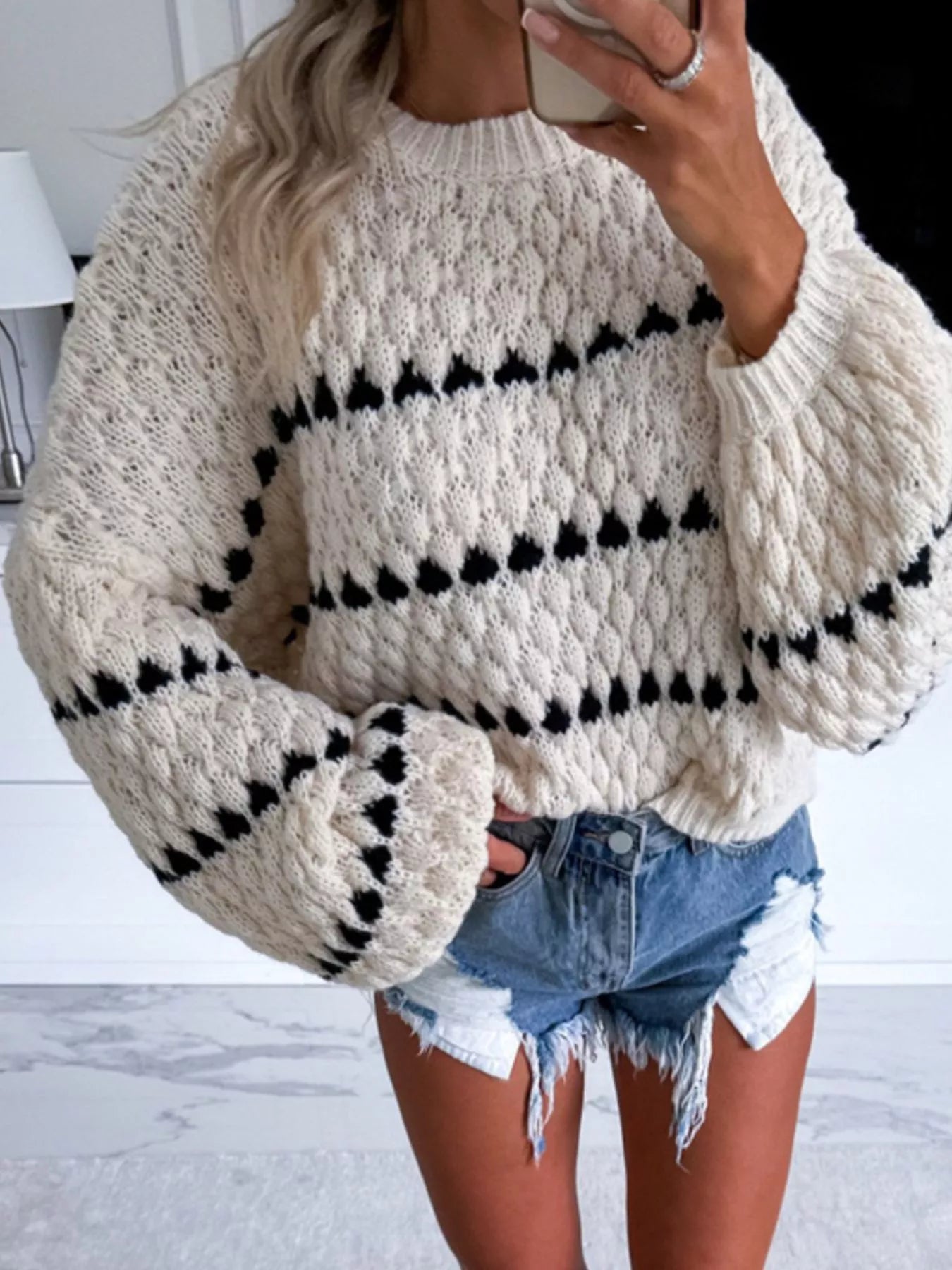 Chunky Knit Striped Sweater with Balloon Sleeves
