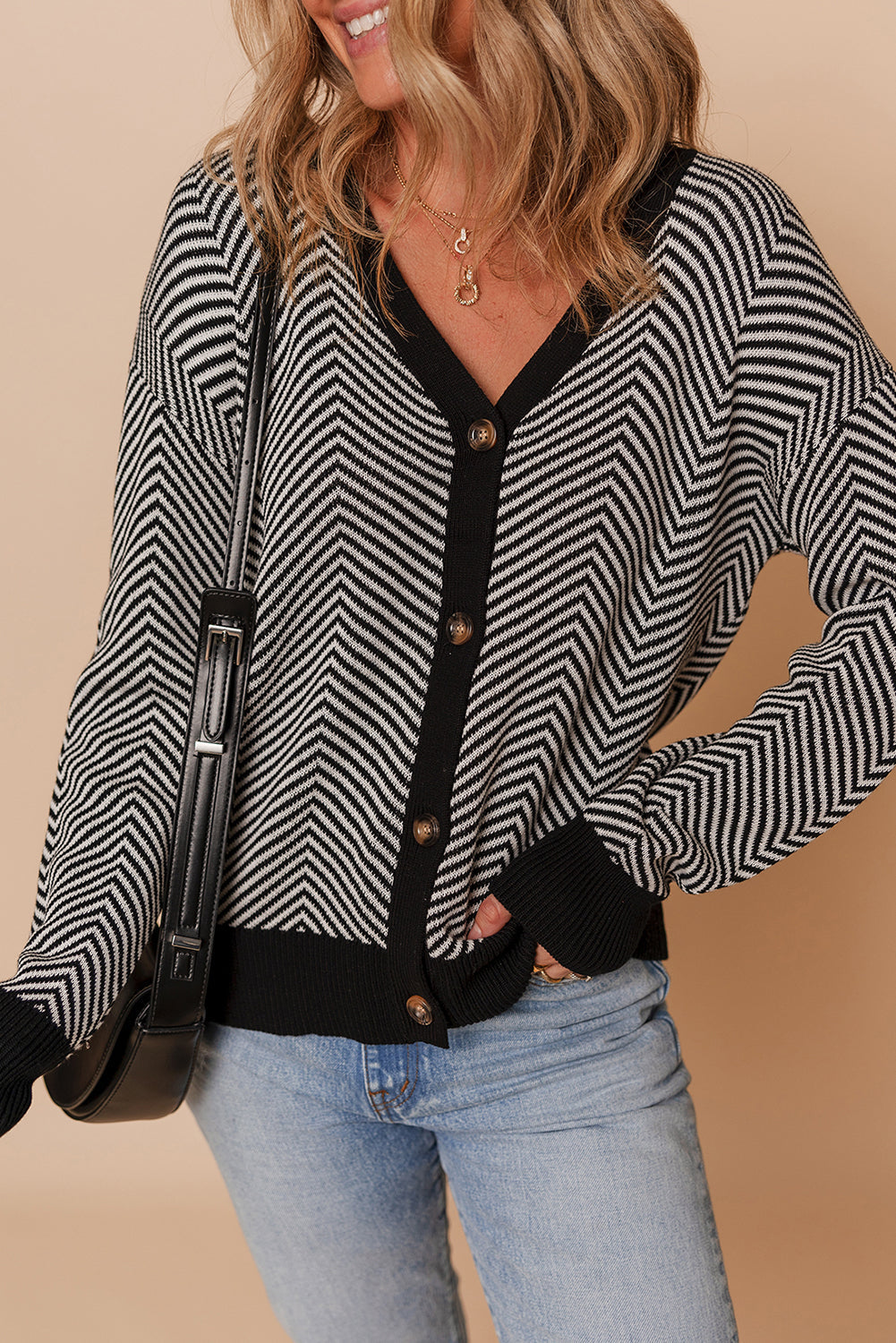 Nylah Stripe Front Herringbone Cardigan
