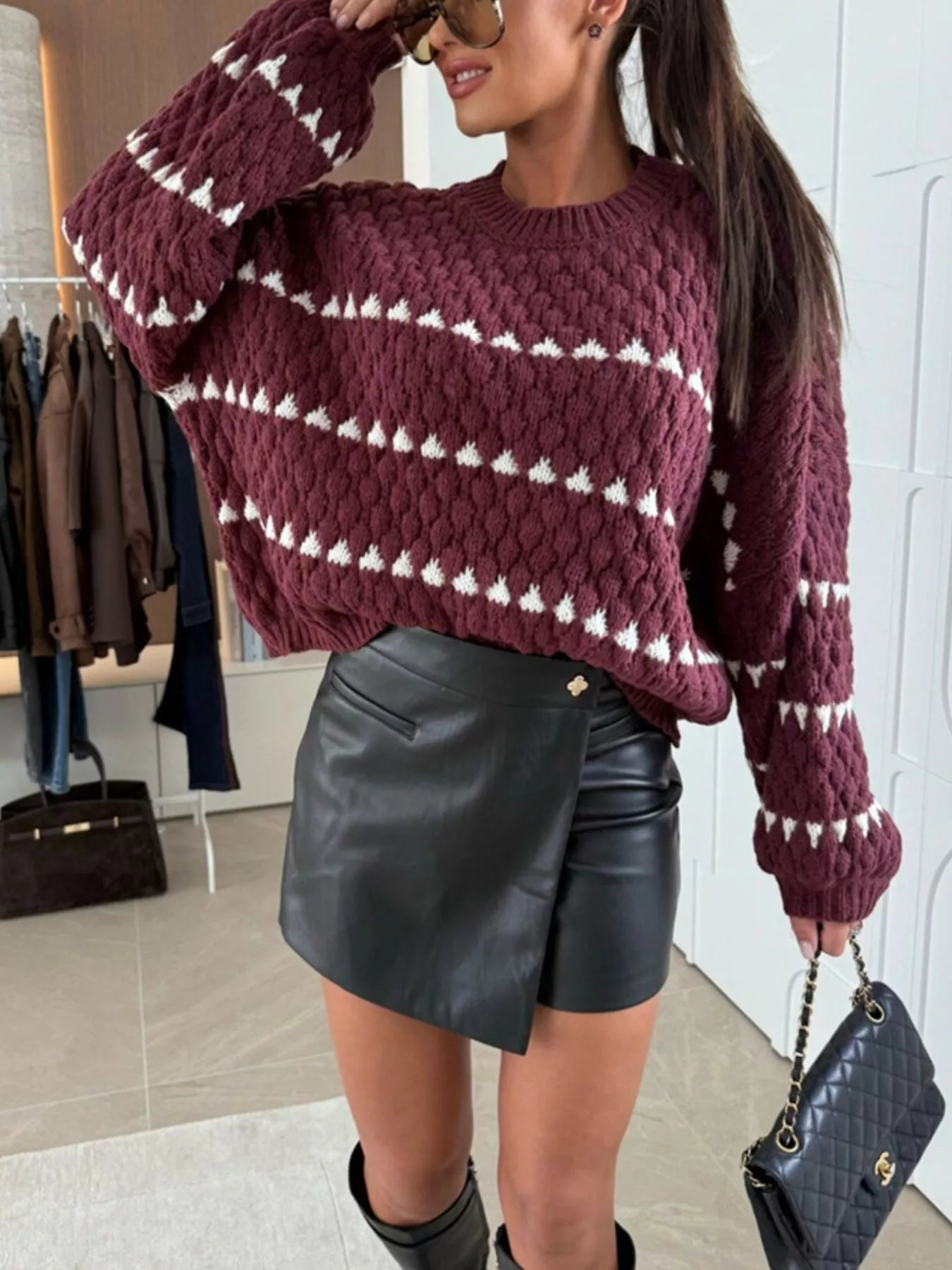 Chunky Knit Striped Sweater with Balloon Sleeves