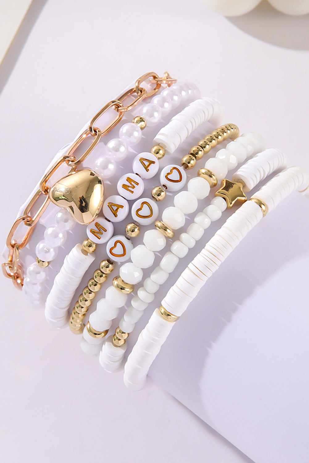 White MAMA Heart Pearl Layer Bracelet