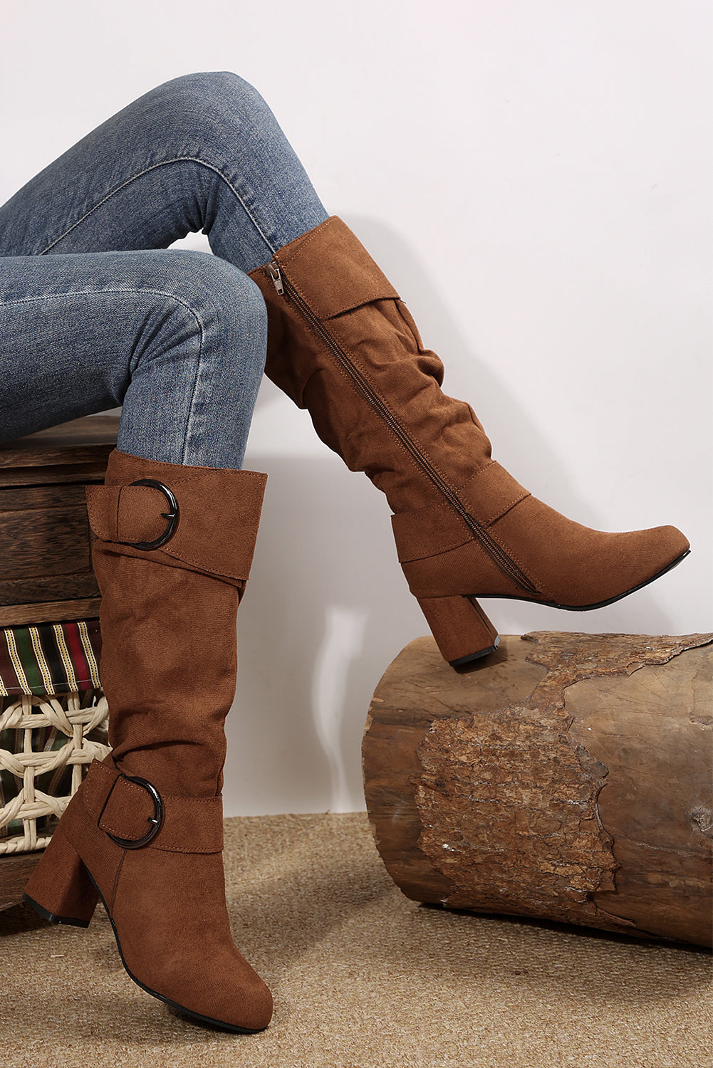Suede Double Buckled Side Zipped Mid-calf Boots