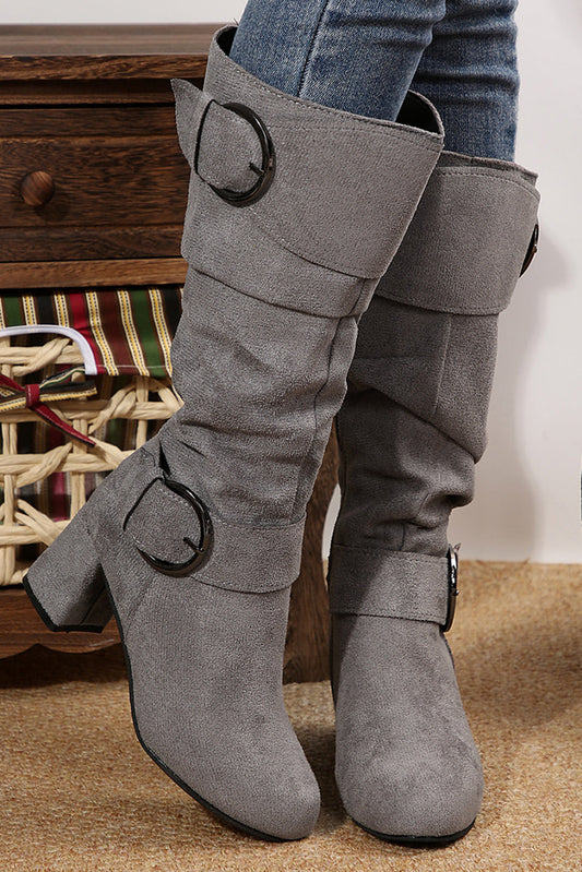 Suede Double Buckled Side Zipped Mid-calf Boots