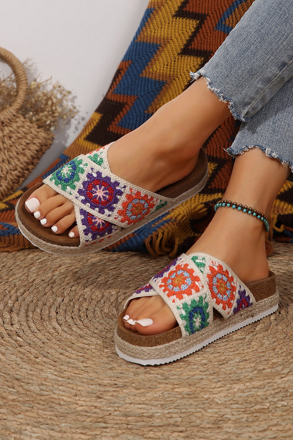 Geometric Woven Crisscross Strap Platform Slippers