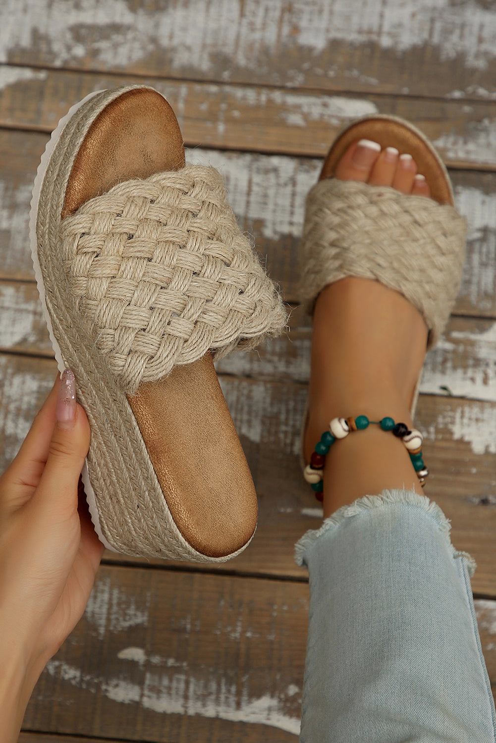 Woven Wide Band Platform Slippers