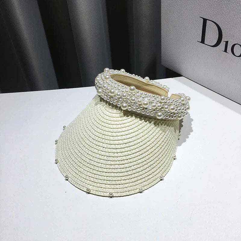 Fashionable Handmade Pearl Lady Sun Visor Beach Hat – Elegant Summer Accessory for Women