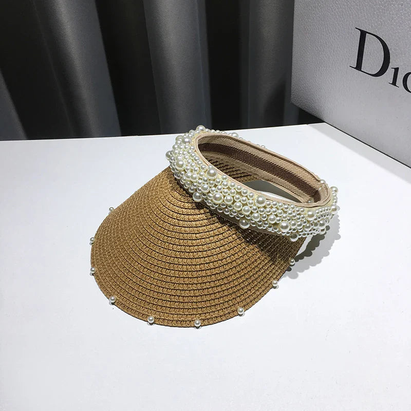 Fashionable Handmade Pearl Lady Sun Visor Beach Hat – Elegant Summer Accessory for Women