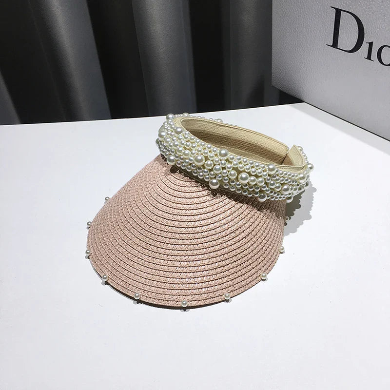 Fashionable Handmade Pearl Lady Sun Visor Beach Hat – Elegant Summer Accessory for Women