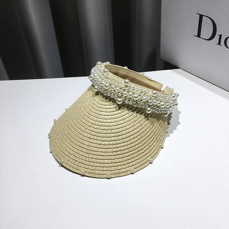 Fashionable Handmade Pearl Lady Sun Visor Beach Hat – Elegant Summer Accessory for Women
