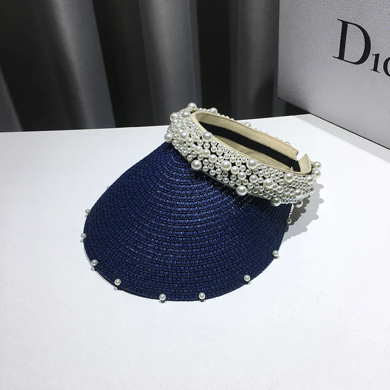 Fashionable Handmade Pearl Lady Sun Visor Beach Hat – Elegant Summer Accessory for Women