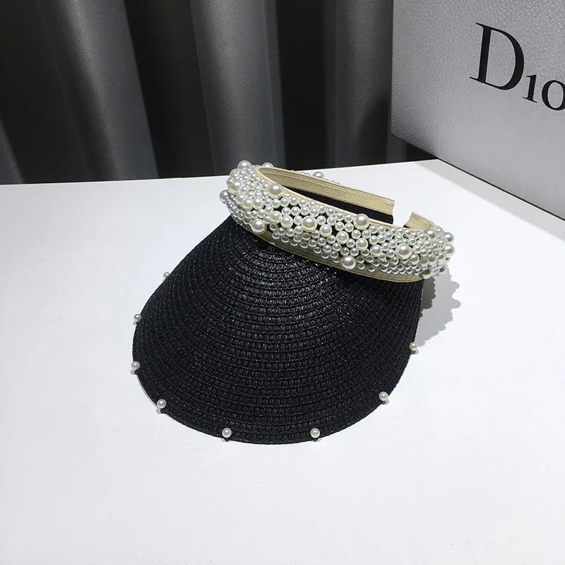 Fashionable Handmade Pearl Lady Sun Visor Beach Hat – Elegant Summer Accessory for Women