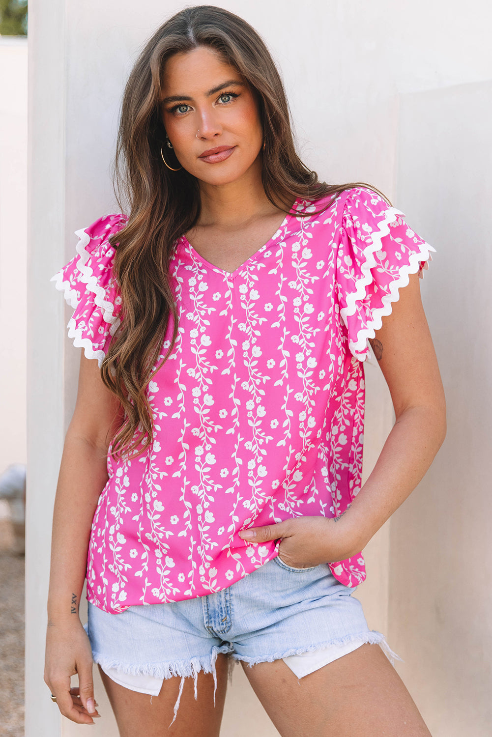 Rayna Floral Ric-rac Tiered Ruffled V Neck Blouse