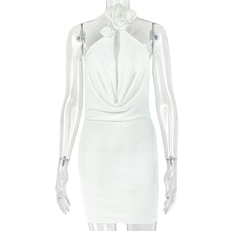 Women's Solid Color Slim Fit Sleeveless Hip Dress – Hanging Collar Design - Cnasti Strings and Thangs