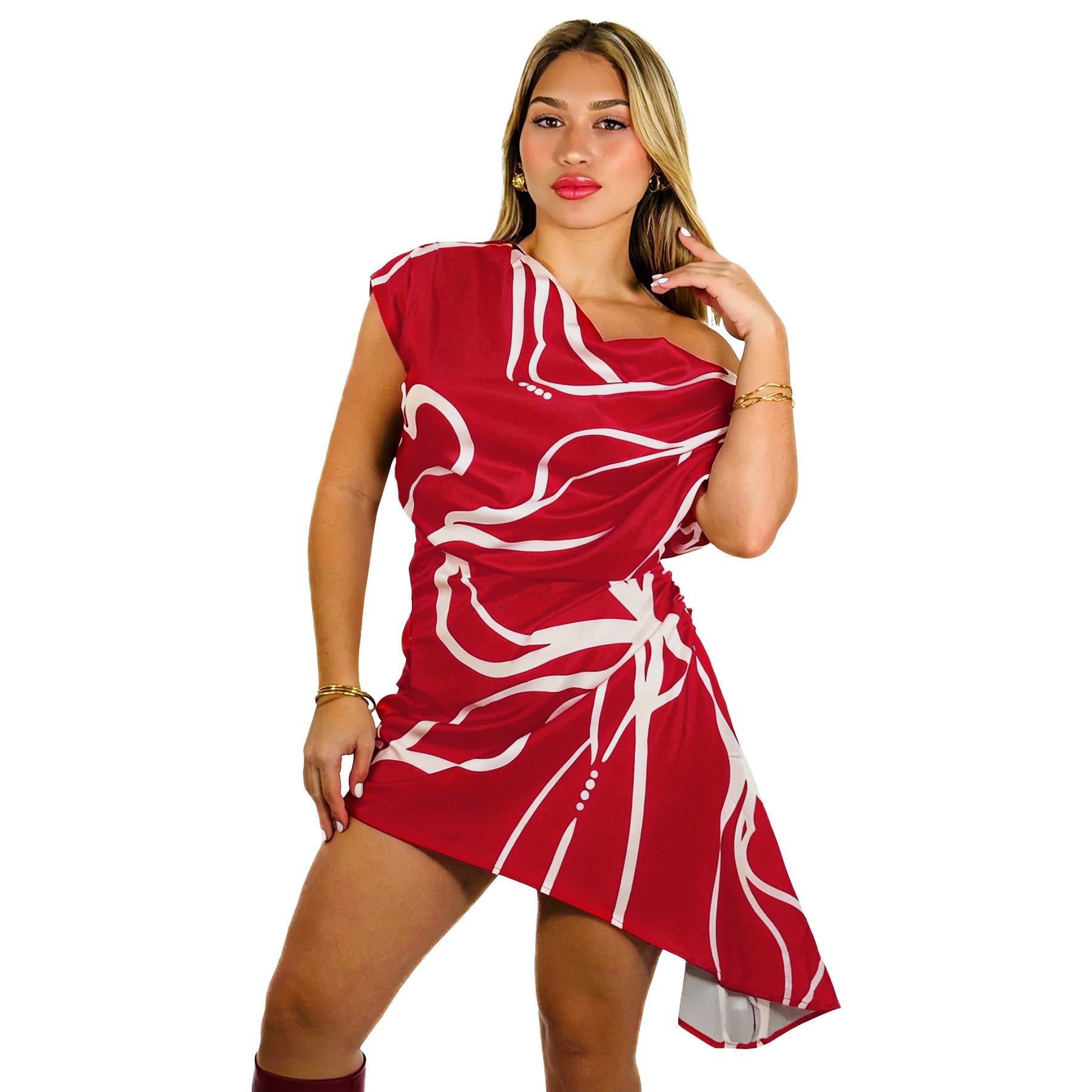 Women's Stripe Printed Sloping Shoulder Short Dress – Casual Summer Style - Cnasti Strings and Thangs