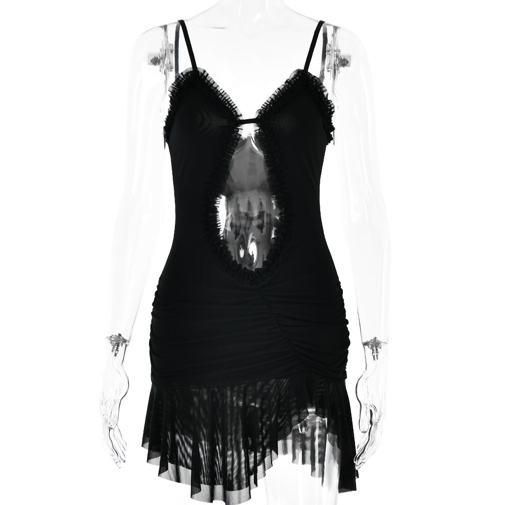 Backless Mesh Splicing Sling Cropped Short Dress for Women – Sexy Trend - Cnasti Strings and Thangs