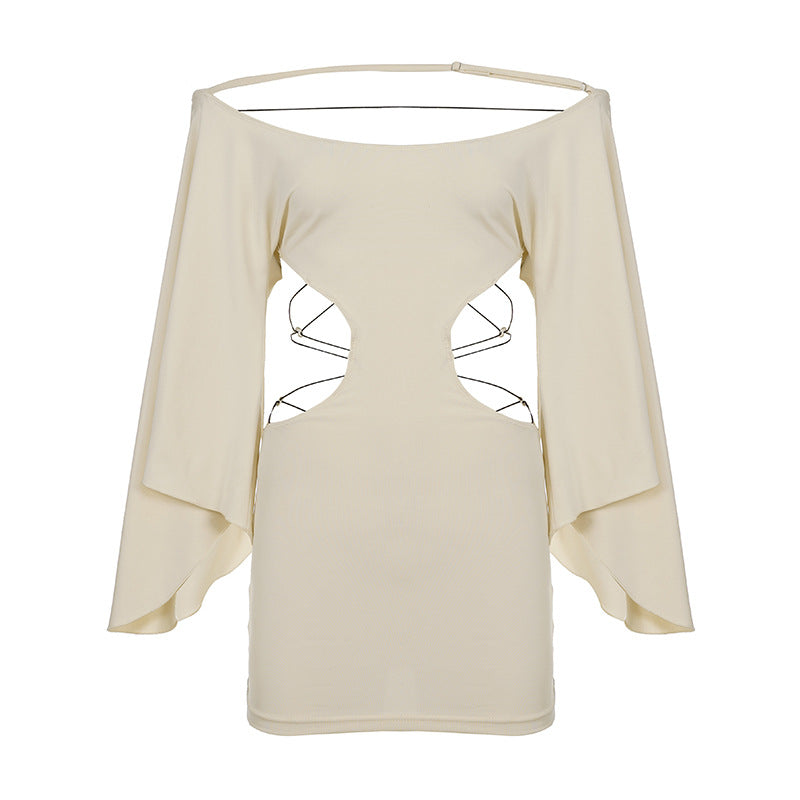 Crossover Lace Up Cutout Off Shoulder Batwing Sleeve Designer Dress for Women - Cnasti Strings and Thangs