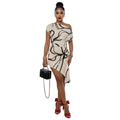 Women's Stripe Printed Sloping Shoulder Short Dress – Casual Summer Style - Cnasti Strings and Thangs