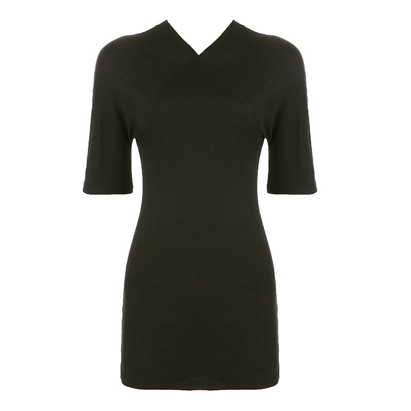 Sexy Cross Collar Solid Color Short Sleeve Split Dress Sheath Jumpsuit for Women - Cnasti Strings and Thangs