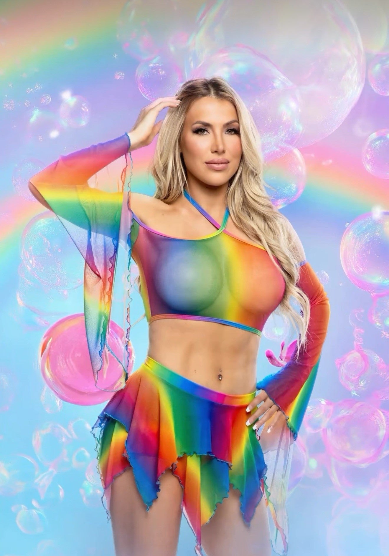 Rainbow Mesh Flair Sleeve Top