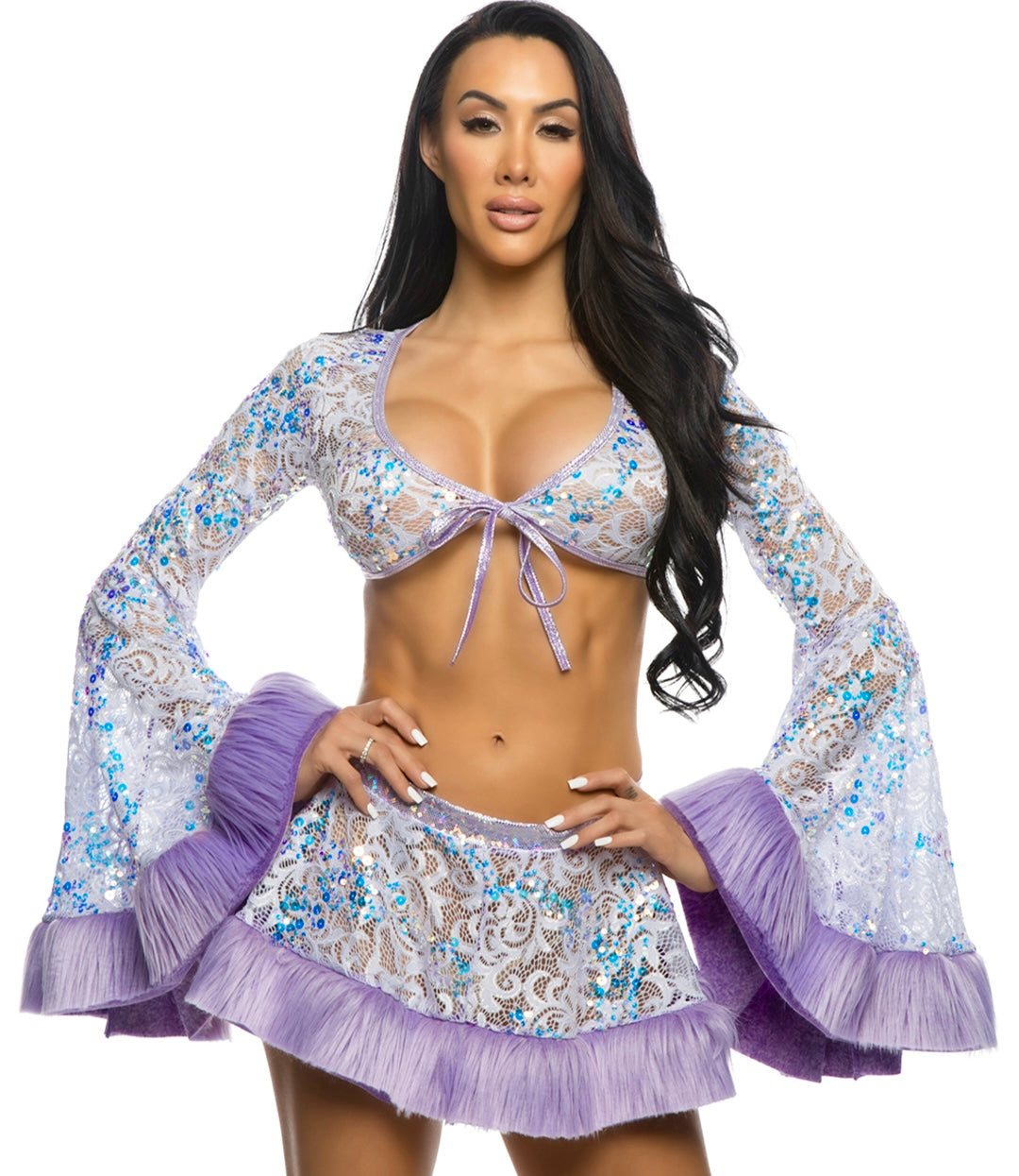 Sequin Faux Fur Trimmed Wrap Top