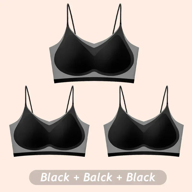 3PCS Ultra-Thin Breathable Ice Silk Top Bras Women's Bustier Underwear Seamless Back Halter Vest Wrap Wireless Bras Solid Color