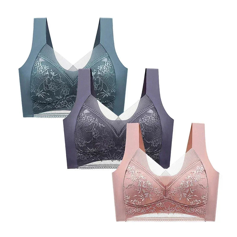 FallSweet 3-Pack Lace Push-Up Wireless Bras – Deep V Ice Silk