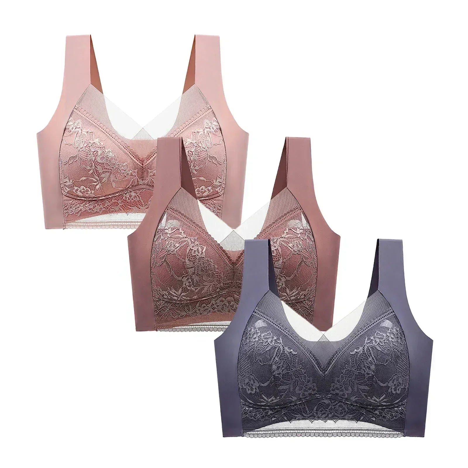 FallSweet 3-Pack Lace Push-Up Wireless Bras – Deep V Ice Silk